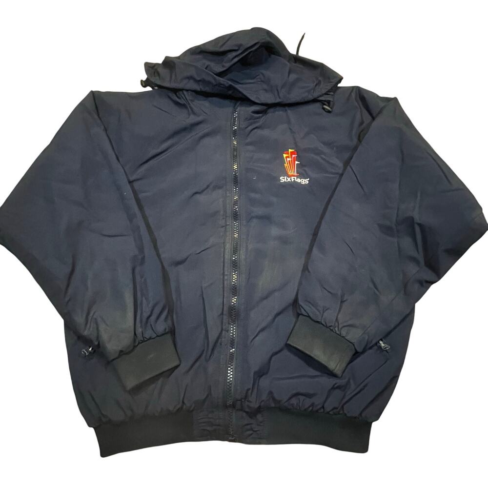 Vintage Six Flags Navy Hooded Jacket‎ Men’s M Zip Up Fleece Lined Theme Park